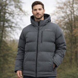 Eddie Bauer Men’s Down Puffer Jacket – Hooded, Warm, Lightweight – Charcoal Grey